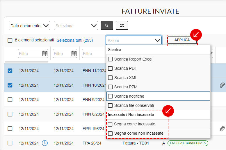 Azioni di massa sulle fatture inviate con opzioni per segnare come incassate o non incassate